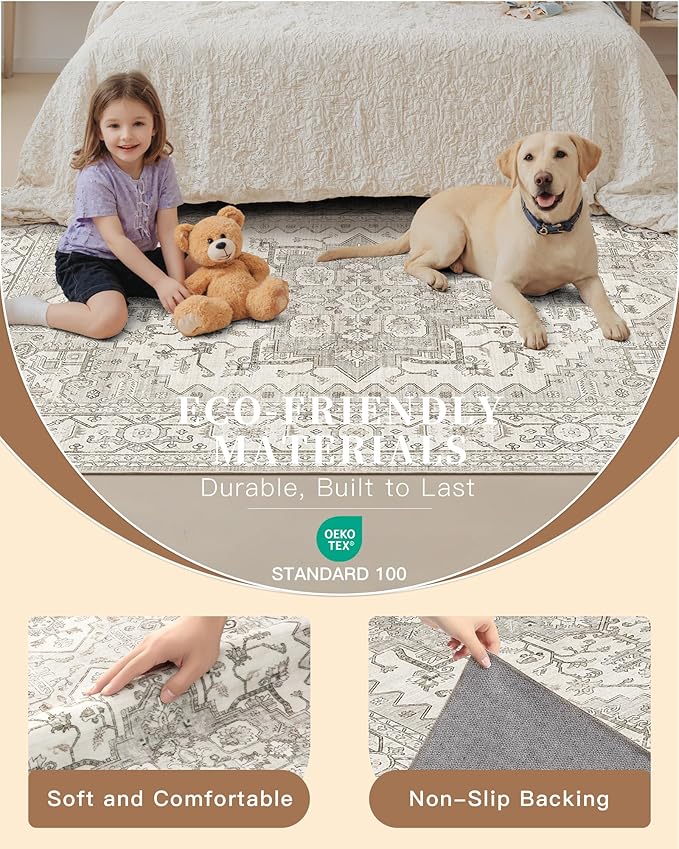 Madane Area Rug 3x5, Entryway Washable Vintage Runners Bedroom Non Slip Indoor Kitchen Runner for Living Room Laundry Room Playroom Soft Non-Slip Area Rugs, Beige/Brown