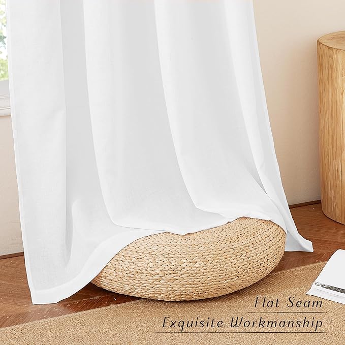 NICETOWN White Linen Curtains 96 inches Long, Grommet Thick Linen Flax Drapes Privacy Added with Light Filtering Room Divider Drapes for Bedroom/Sliding Door, W68 x L96, 2 Panels