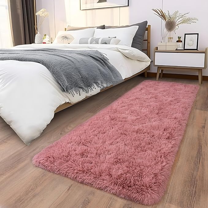 Soft Runner Rugs for Bedroom Hallways, 2x6 Blush Pink Fluffy Shag Throw Area Rug Non Slip for Bedside Dorm, Long Shaggy Furry Carpet for Nursery Living Room