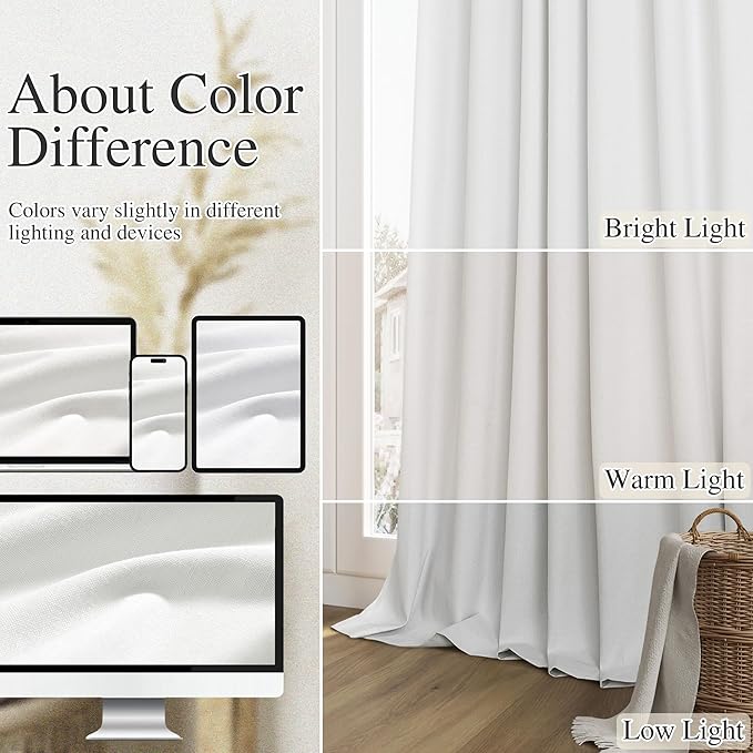 Guken White 100% Blackout Linen Curtains 52 Inch Wide by 118 Inch for Living Room Bedroom Back TabRod Pocket Thermal Insulated Black Out Linen 2 Drapes Room Darkening Window Curtains