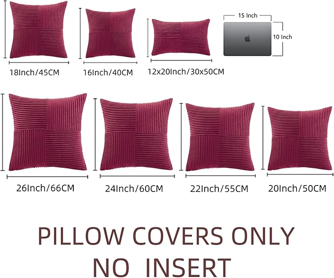 Fancy Homi 2 Packs Burgundy Euro Decorative Throw Pillow Covers 28x28 Inch for Bed, Rustic Farmhouse Boho Home Decor, Soft Corss Corduroy Patchwork Textured Square Cushion Case 71x71 cm
