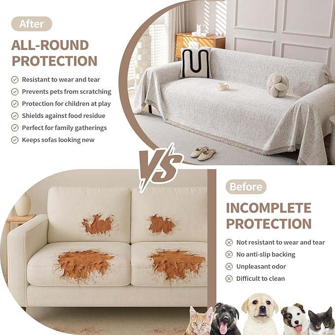 Boho Chenille Couch Cover for Dogs, Non Slip Sofa Cover, Couch Slipcover Covers for 3 Cushion, Furniture Protector with Tassels for Pets Washable, 71"x118", Speckled Beige