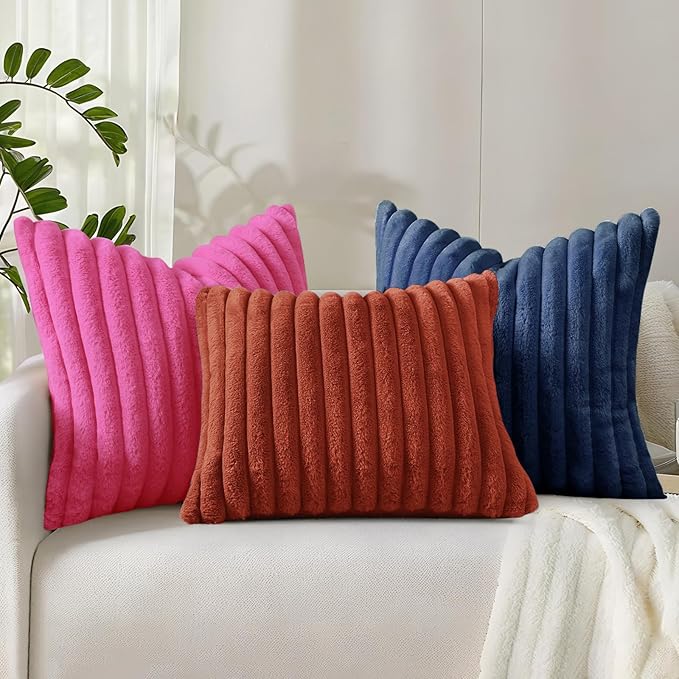 decorUhome Summer Cozy Faux Fur Throw Pillow Covers 26x26 Set of 2 Decorative Soft Plush Striped Modern Farmhouse Boho Couch Euro Sham Pillow Cases with Velvet Back for Sofa Bed Living Room, Hot Pink