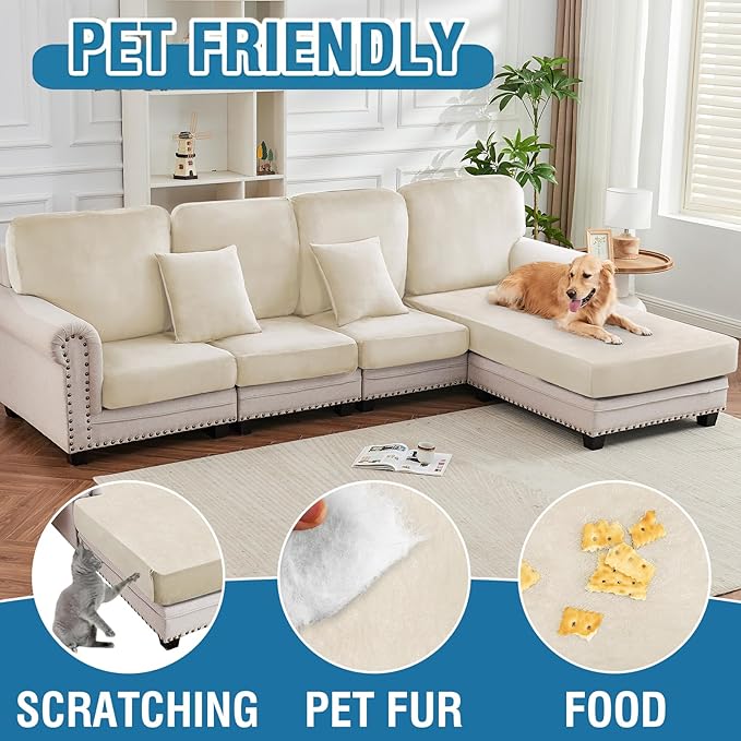 Couch Cover Stretch Velvet Sofa Cushion Cover 2-Piece - Elastic Washable Slipcover for Seat or Backrest, Couch Seat Covers for Sofas (Cream)