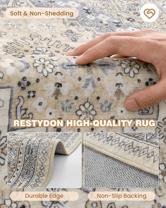Area Rugs 5x7, Ultra-Thin Washable Rugs for Living Room, Anti-Slip Backing Area Rug for Bedroom, Soft Floral Vintage Home Decor Rug for Dining Room(Beige,5'x7')