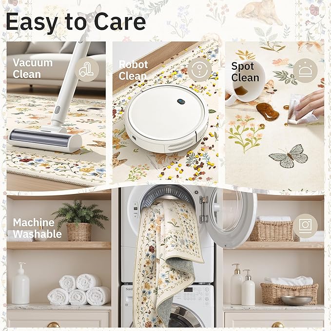 Dog 6x9 Area Rugs for Living Room, Machine Washable Animal Floral Vintage Rug Non-Slip Low Pile Soft Throw Rugs for Bedroom Dining Room Kitchen Nursery Playroom (6 x 9,Beige)