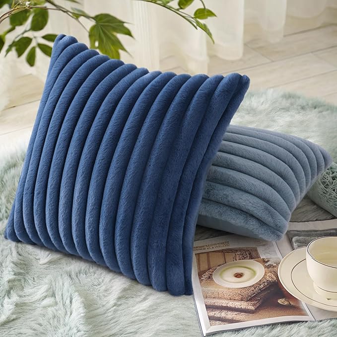 decorUhome Cozy Faux Fur Throw Pillow Covers 18x18 Set of 2 Decorative Soft Plush Striped Modern Farmhouse Boho Couch Pillow Cases with Velvet Back for Sofa Bed Living Room, Blue
