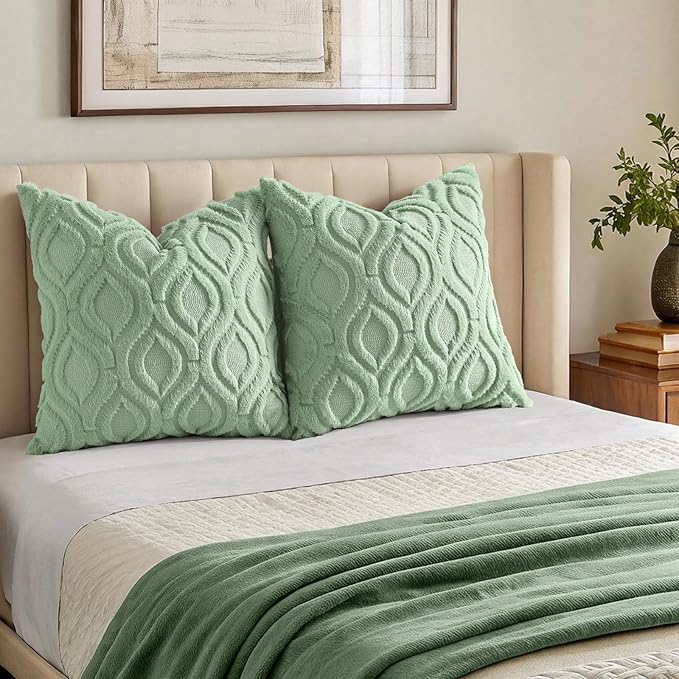 decorUhome Throw Pillow Covers 16x16 Inch Set of 2, Soft Plush Faux Wool Sage Green Solid Couch Pillow Covers, Accent Farmhouse Neutral Square Pillow Cases for Sofa Bed Living Room