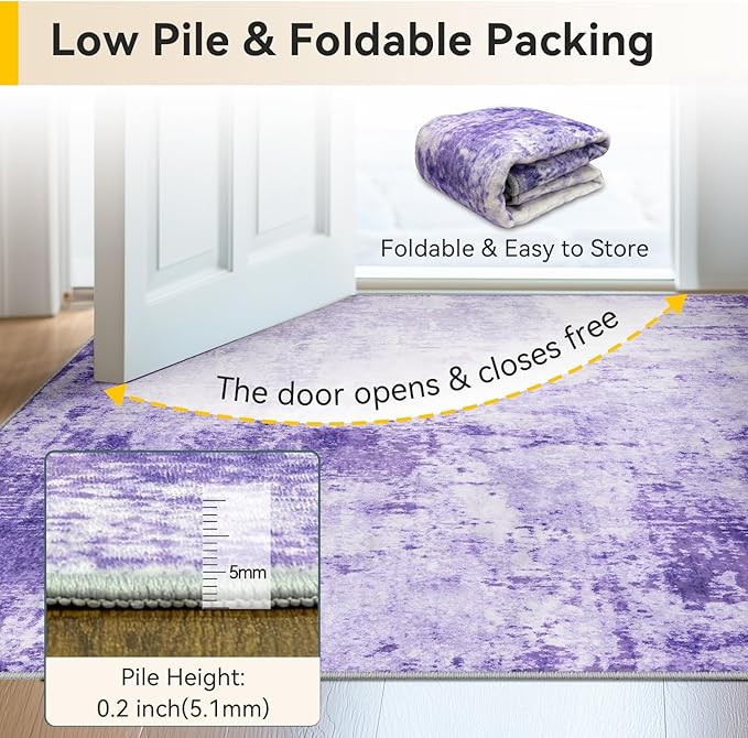 Washable Area Rugs 5'x8' Non-Slip Modern Abstract Soft for Living Room Entryway Bedroom Nursery, Print Pattern, Purple Gray Pink White