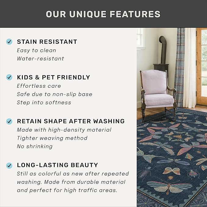 8x10 Large Farmhouse Rugs for Living Room - Unique Washable Area Rug for Bedroom, Dining Room Under Table, Boho & Insect Design, Vintage Moth Décor, Low Pile Soft Carpet (Dark Blue)