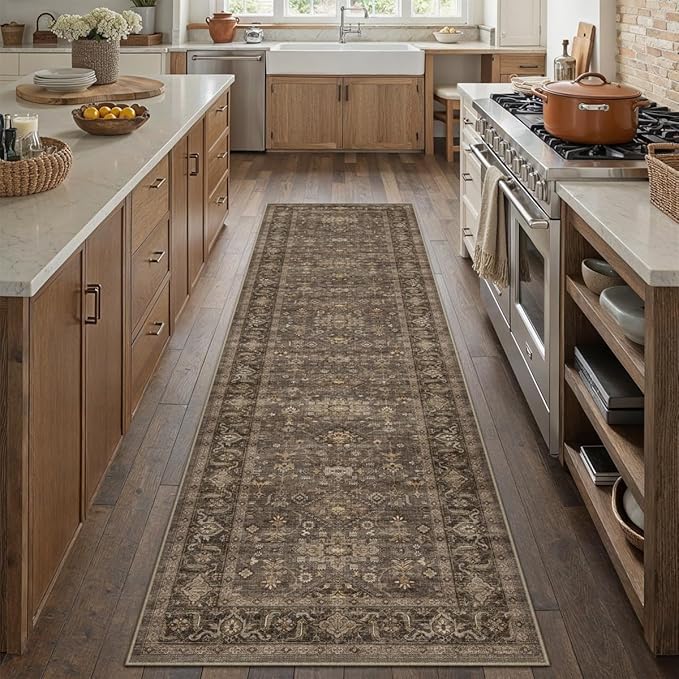 2'6x12 Washable Runner Rug for Hallway Kitchen Vintage Brown Non Slip Low Pile Carpet Traditional Retro Soft Throw Rug for Bathroom Bedroom Entryway Indoor Entrance