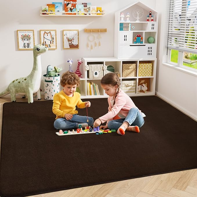 Amearea Modern Area Rugs for Bedroom Living Room, 4x6 Feet Brown Thickened Memory Foam Rug, Fluffy Indoor Washable Rugs Non Slip Minimalist Carpet for Kids Boys Girls Dorm Nursery Room Decor