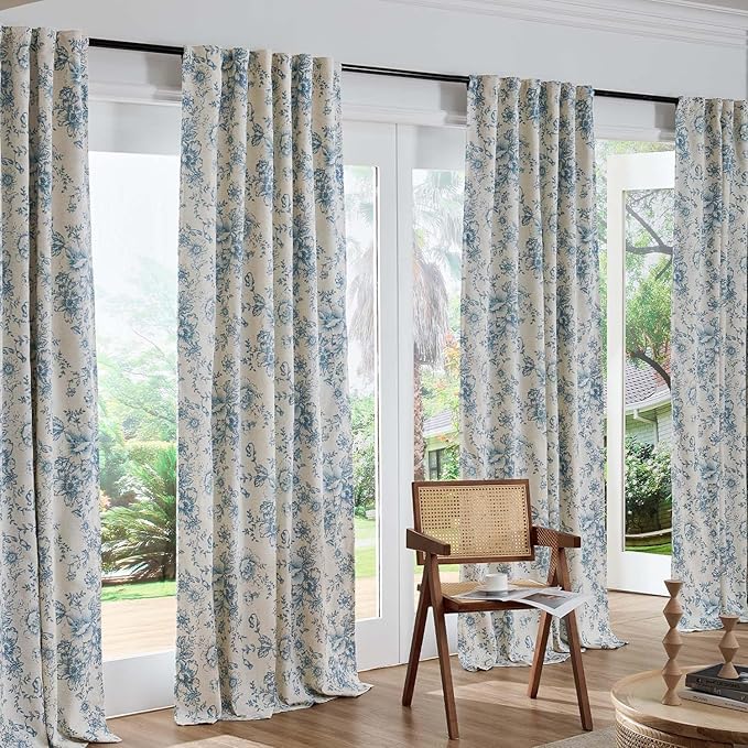 jinchan Blackout Floral Curtains for Living Room Bedroom Linen Blend Curtain Farmhouse Blue Printed with Lined Back Tab Rod Pocket Drapes Window Treatments 2 Panels 90 Inch