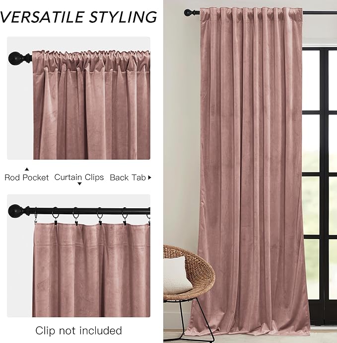 RYB HOME Dusty Pink Velvet Curtains 102 inches with Hook Belt, Soft Fabric Room Darkening Thermal Insulated Luxurious Home Decor Curtains for Living Room Bedroom, W 52" x L 102", 2 Panels Set