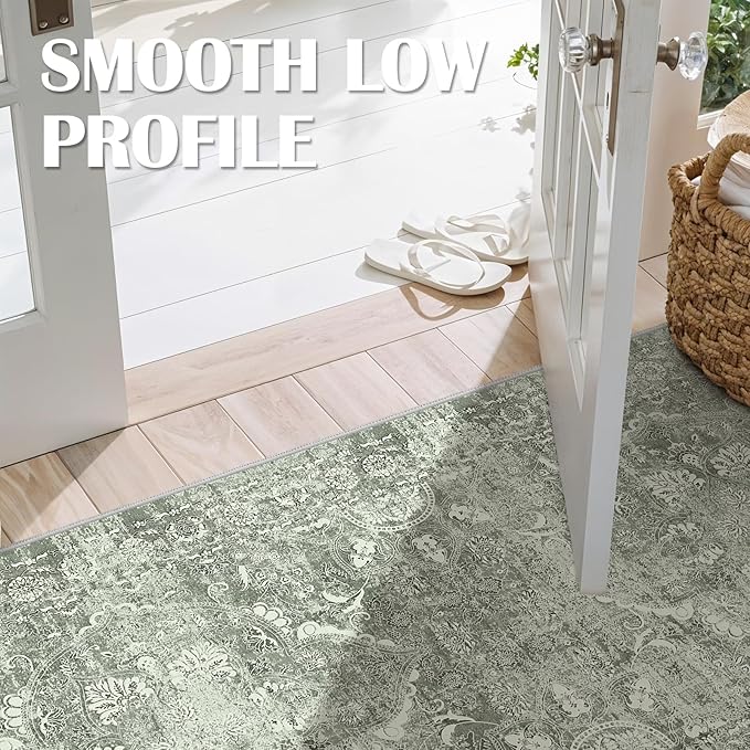 4x10 Washable Hallway Runner Rug - Wide Kitchen Runners Vintage Low Pile Carpet Soft Thin Floor Runner with Rubber Backing for Entryway Bedroom Living Room Home Decor (Muted Sage Green)