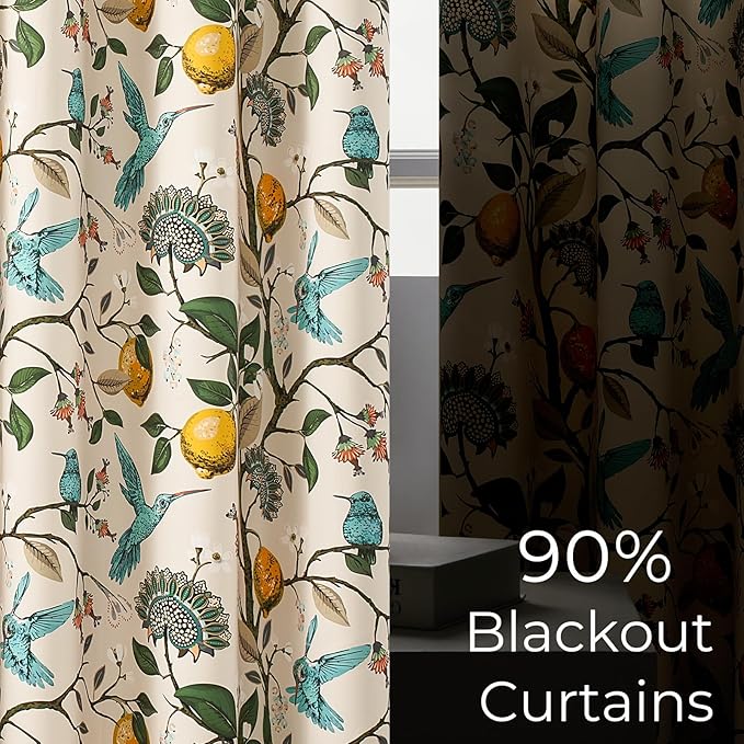 Topfinel Beige Vintage Floral Curtains 84 Inch Long Luxury Whimsical Euro Flower Lemon Hummingbird Patterned Waverly Mid Century Colorful Blackout Drapes for Living Room Bedroom