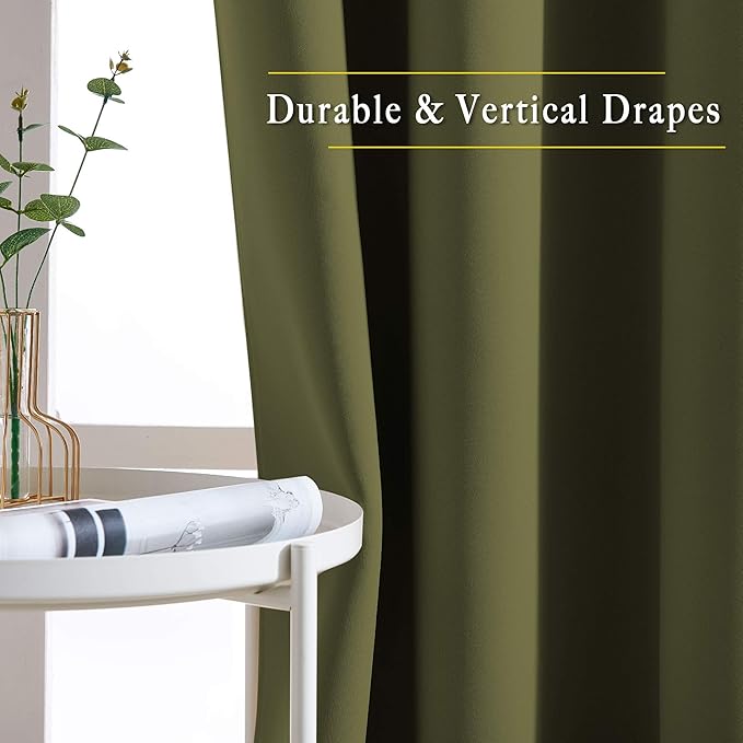 NICETOWN Blackout Curtains for Girls Room - Thermal Insulated Solid Grommet Room Darkening Curtains/Panels/Drape for Bedroom (Olive Green, 1 Pair, 52 by 72-Inch)