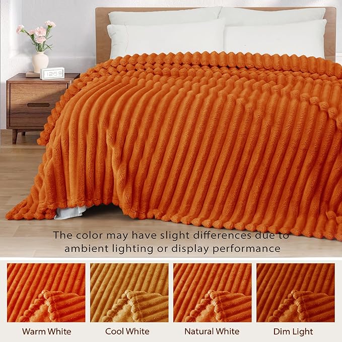 Exclusivo Mezcla King Size Flannel Fleece Blanket, Super Soft Striped Jacquard Bed Blanket, Lightweight Fuzzy Cozy for All Seasons, 90x104 Inches, Burnt Orange