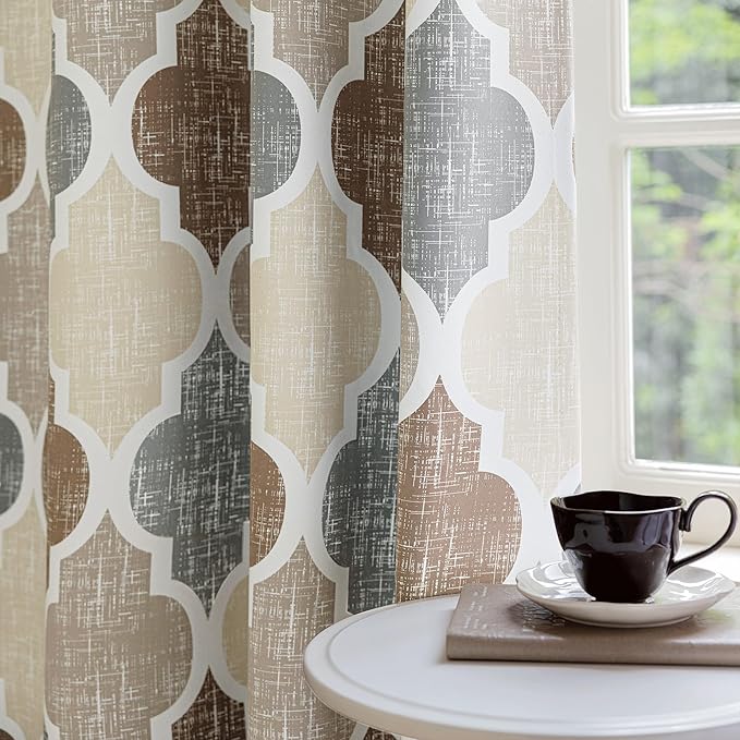 Beauoop 100% Blackout Curtains 84 Inches Long 2 Panels for Bedroom Living Room Brown Grey Moroccan Geo Room Darkening Thermal Insulated Soundproof Grommet Top Window Treatments Drapes, 50x84 Set of 2