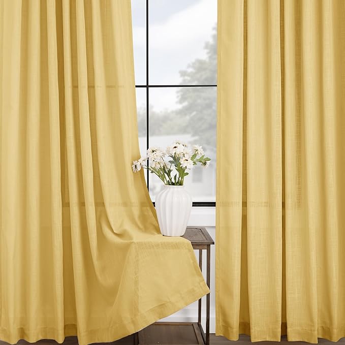 Gold Curtains for Living Room Back Tab Modern Farmhouse Semi Sheer Curtains 90 inches Long 2 Panels Set Muted Neutral Window Curtain for Dining Room Bedroom 52x90