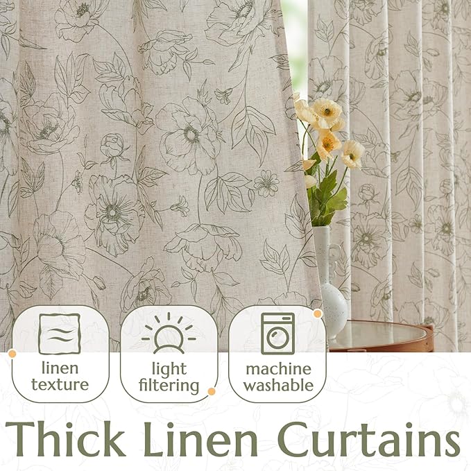 jinchan Floral Linen Curtains for Living Room 96 Inch Length Green Flower Curtain Rod Pocket Back Tab Farmhouse Curtains with Printed Floral Bedroom Window Curtain Set, 2 Panels Green