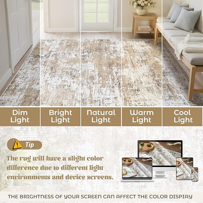 9x12 Area Rug for Living Room, Washable Modern Abstract Large Area Rug Neutral Soft Non Slip Kids Rug Stain Resistant Indoor Carpet for Bedroom Dining Room Playroom Office(Beige, 9'x12')