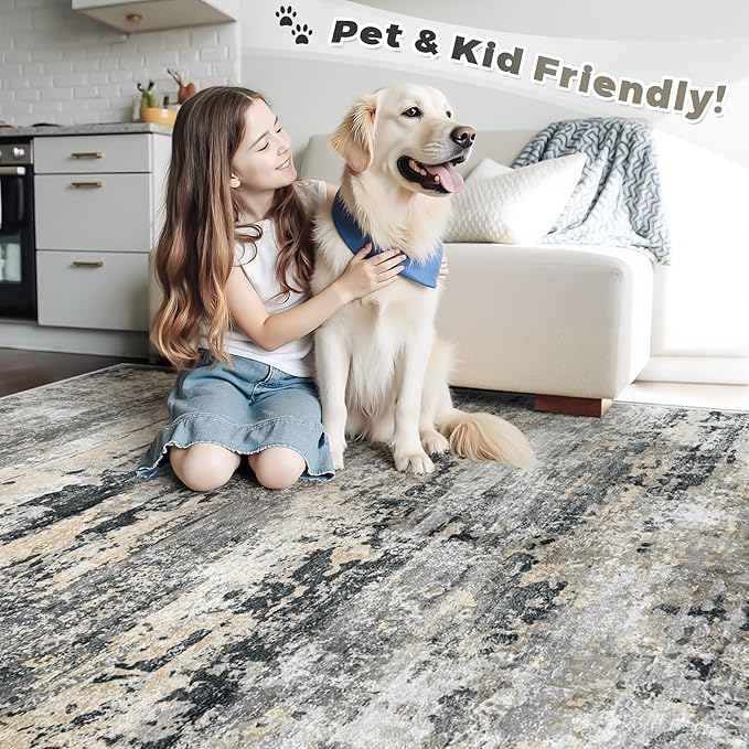 Area Rugs 6x9 for Living Room: Washable Rug Modern Abstract Neutral Soft Non-Slip Low-Pile Indoor Carpet for Bedroom Dining Room Playroom Home Office (Black Grey Brown, 6'x9')