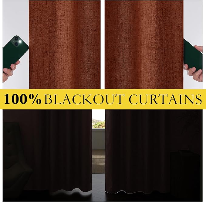 NICETOWN 100% Absolutely Blackout Linen Curtains with Thermal Insulated Liner, 62" Wide, 2 Panels, 120" Long Drapes, Grommet Retro Burnt Orange Linen Curtains Vertical Drapes Privacy for Bedroom