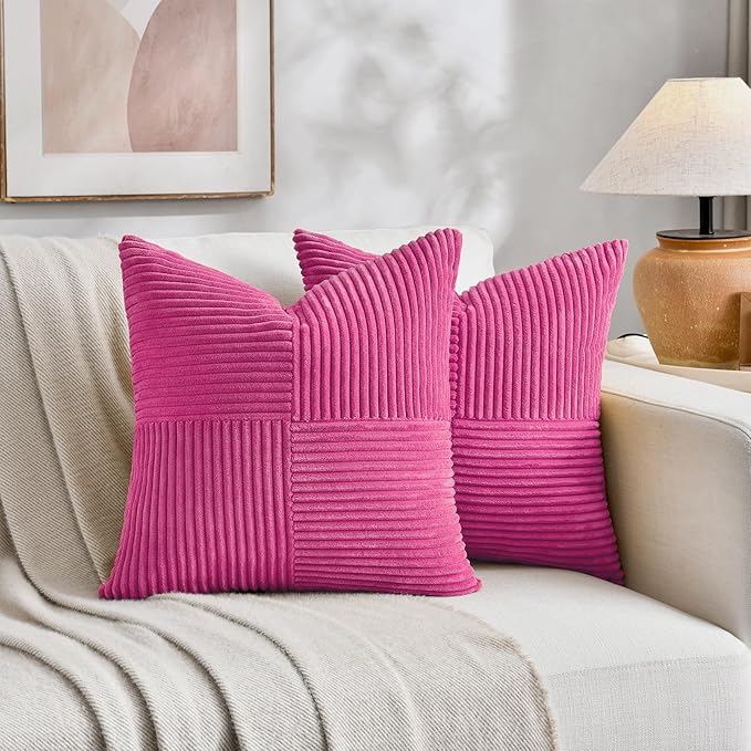 Fancy Homi 2 Packs Hot Pink Big Decorative Throw Pillow Covers 24x24 Inch for Living Room Couch Bed, Rustic Farmhouse Boho Home Decor, Soft Corss Corduroy Patchwork Accent Square Cushion Case 60x60 cm