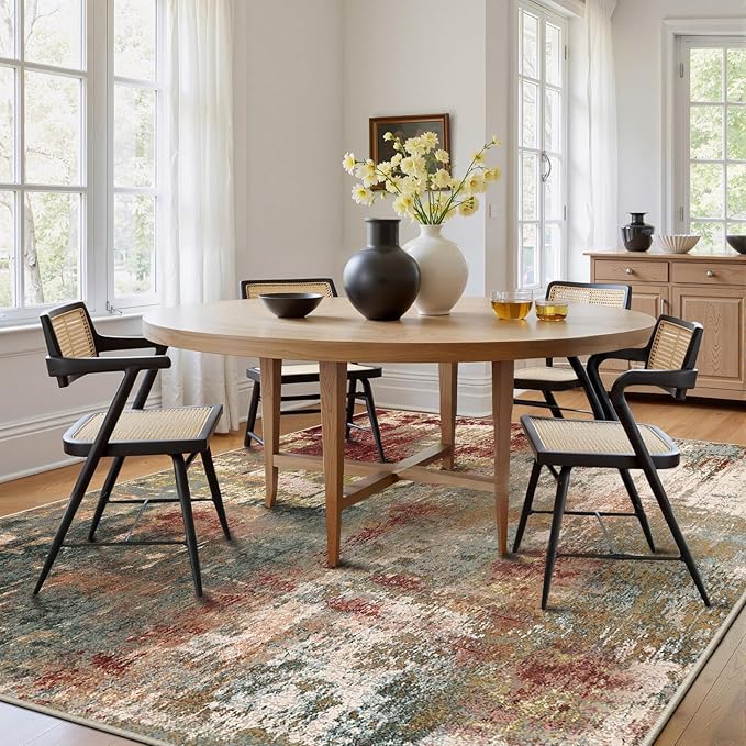 Washable Area Rugs Square 6ft Non-Slip Modern Abstract Soft for Living Room Entryway Bedroom Nursery, Print Pattern, Brown Rust Red Green Blue Multi