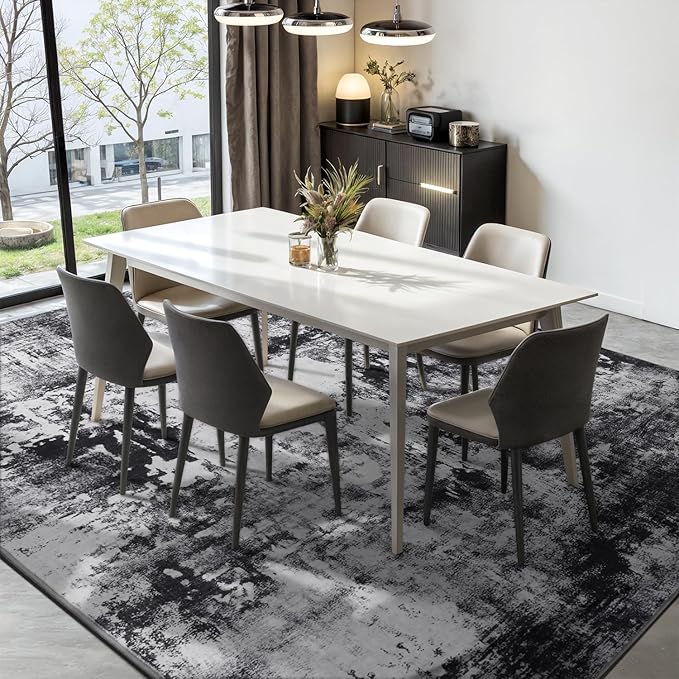 Rugflix 5x7 Area Rugs for Living Room, Washable Large Rug Stain-Resistant Low Pile, Modern Dark Carpet for Dining Room Home Office Kid Room Nursery Bedroom, Black Grey