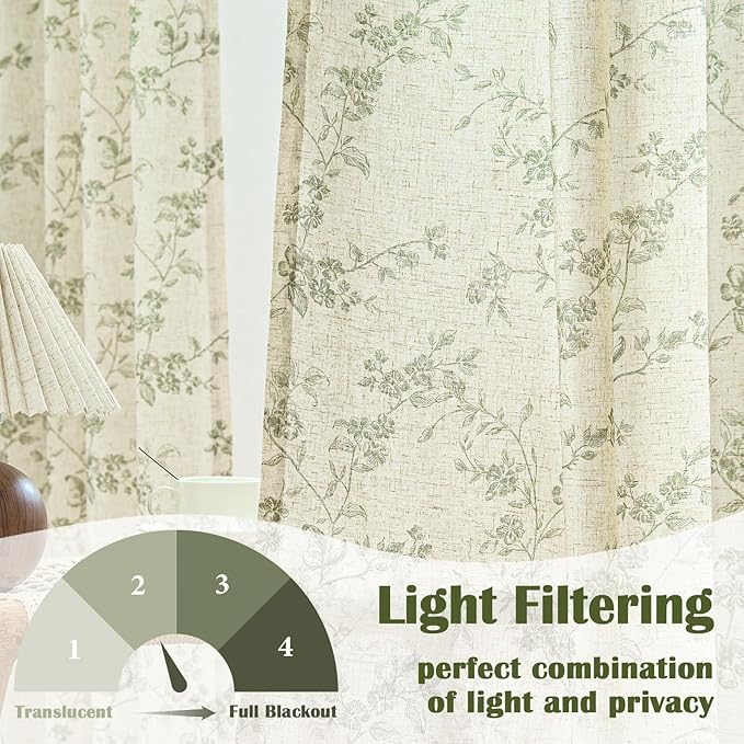 Lazzzy Floral Linen Curtains Farmhouse Extra Long Curtain for Living Room Bedroom Light Filtering Vintage Rod Pocket Back Tab Drapes for Home, 2 Panels, Green on Beige, W38 X L108