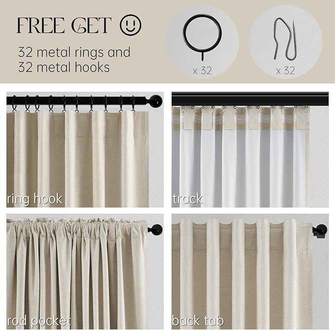 Topfinel Beige White Linen Blackout Curtains 63 Inches Long 2 Panels for Small Window Natural Birch Boho Farmhouse Linen Blend Texture Insulated Hook Belt Back Tab Pocket Pleated Drapes (W52 x L63)