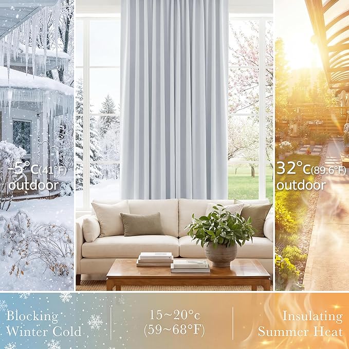 PONY DANCE 60% Light Blocking Curtains 63 inch Long, Room Darkening Curtains for Bedroom, Thermal Insulated Drapes for Living Room Window with Back Tab, 42 x 63 Inch,2 Panels Set, Greyish White