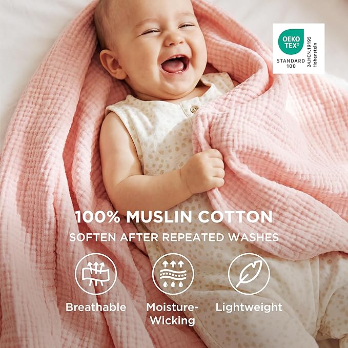Bedsure 100% Cotton Muslin Blanket King Size for Bed - 4-Layer Breathable and Lightweight Thin Soft Summer Gauze Muslin Blanket for Adults, Pink, 108x90 Inches
