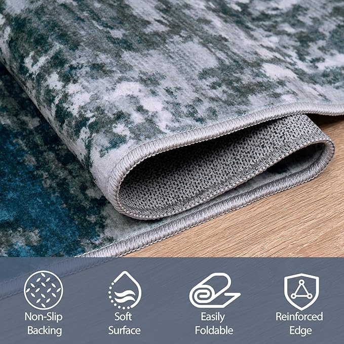Runner Rug for Hallways Kitchen 2'6"x8' Washable Non Slip: Carpet Non Skid 8ft Entryway Rubber Backed 8 Feet Neutral Abstract Modern Rug Low Pile Pet Friendly Indoor Navy Grey