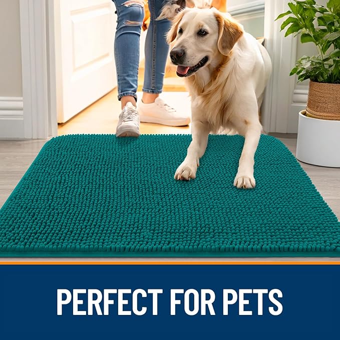 OLANLY Dog Door Mat for Muddy Paws 40x24, Absorbs Moisture and Dirt, Absorbent Non-Slip Washable Doormat, Quick Dry Chenille Mud Mat for Dogs, Entry Indoor Entryway Carpet for Inside Floor, Lake Blue