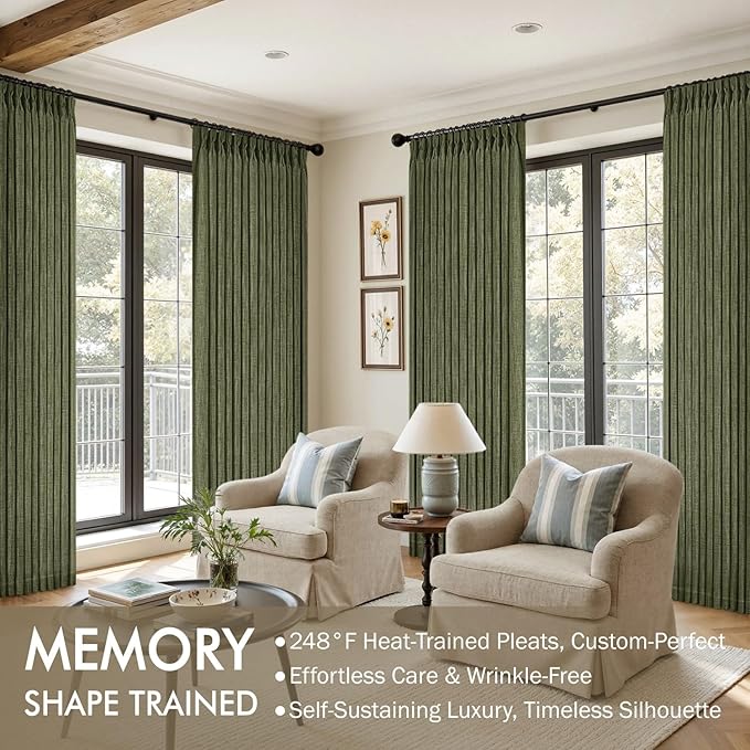 MIULEE Olive Green Pinch Pleated Thick Linen Curtains 108 Inches Long 2 Panels Set for Living Room Bedroom, Linen Texture Drapes Pleat Semi Sheer Moss Green Foor to Ceiling Curtains with Hooks&Rings