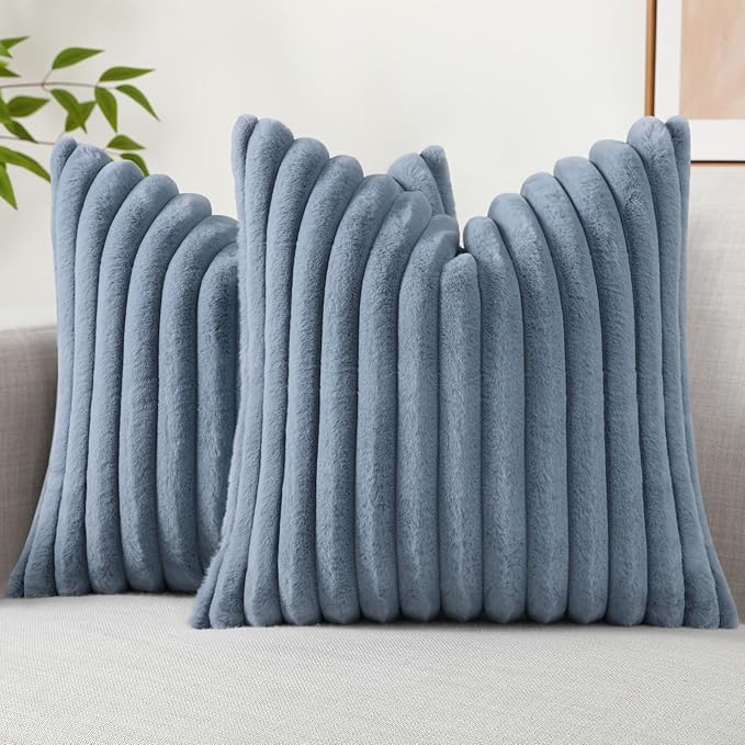 decorUhome Cozy Faux Fur Throw Pillow Covers 20x20 Set of 2 Decorative Soft Plush Striped Modern Farmhouse Boho Couch Pillow Cases with Velvet Back for Sofa Bed Living Room, Grey Blue