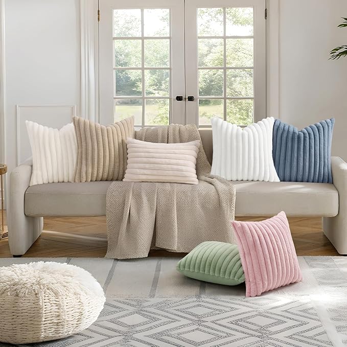 decorUhome Summer Cozy Faux Fur Throw Pillow Covers 20x20 Set of 2 Decorative Soft Plush Striped Modern Farmhouse Boho Couch Pillow Cases with Velvet Back for Sofa Bed Living Room, Beige
