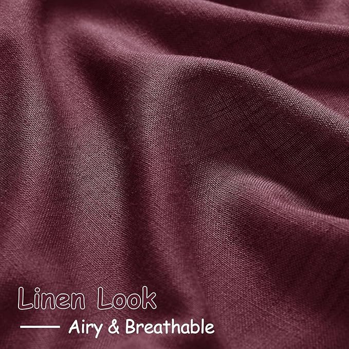 Nanspring Burgundy Linen Curtains 132 Inch Length for Living Room Light Filtering Semi Sheer Curtain Back Tab Vintage Boho Decor Drapes Floor to Ceiling High Window for Bedroom 52x132, 2 Panels