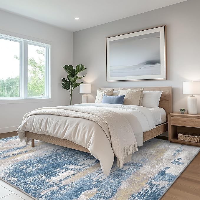BEIMO Area Rugs 9x12 for Living Room Bedroom, Large Modern Abstract Machine Washable Soft Blue Cream Rug, Floor Carpet with Non Slip Backing for Dining Room
