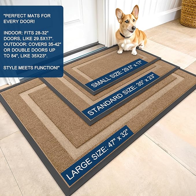 OLANLY Front Door Mat Indoor Outdoor Entrance, Waterproof All-Season, All-Weather Doormat, Sturdy Natural Rubber, Fade Resistant, Low Profile, Easy Clean Patio Porch Entryway Mat, 33x21, Light Brown