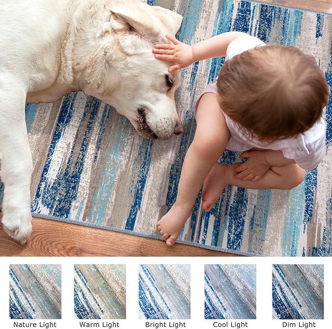 Lansny Modern Abstract Hallway Runner Rug, Blue Washable Kitchen Runner Non-Slip Soft 2x8 Runner Rug Thin Print Faux Wool Carpet for Entryway Bedroom Laundry Room Indoor