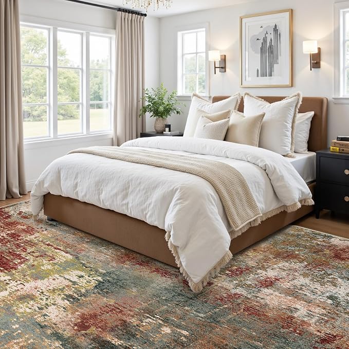 Washable Area Rugs Square 8ft Non-Slip Modern Abstract Soft for Living Room Entryway Bedroom Nursery, Print Pattern, Brown Rust Red Green Blue Multi