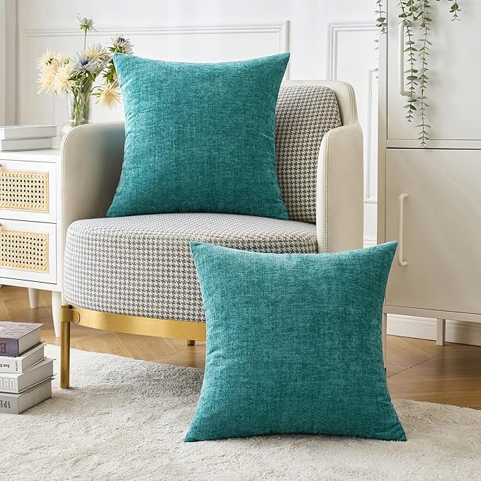 MIULEE Pack of 2 Teal Throw Pillow Covers 16x16 Inch Soft Chenille Pillow Covers for Sofa Living Room Couch Solid Dyed Cases