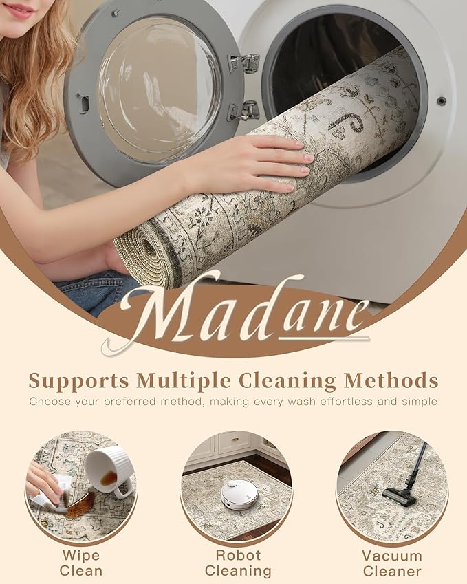 Madane Washable Area Rug 2x3, Small Entryway Rug Non-Slip Vintage Door Mat Indoor Entrance, Low Pile Floor Carpet for Inside Front Door Bedroom Kitchen Entry Laundry (2'x3', Ivory/Brown)