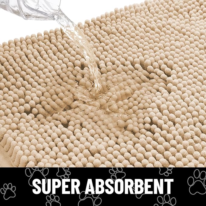 Smiry Dog Door Mat for Muddy Paws, Absorbent Dirt Trapper Non Slip Quick Dry Washable Chenille Mat for Mud Dogs, Entry Rug for Indoor and Outdoor (36x24 Inches, Beige and Black