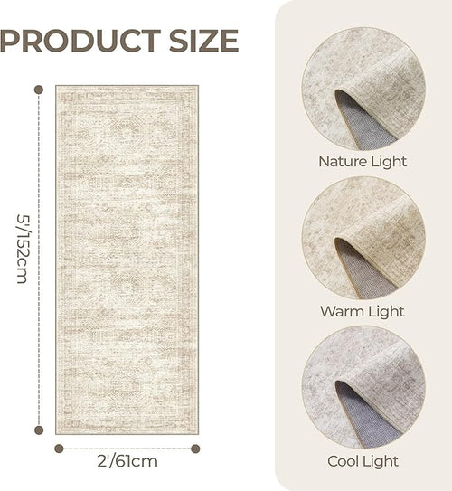 2x5 Rug Runner Washable for Entryway, Soft Bathroom Rugs with Non-Slip Backing, Abstract Low Pile Hallway Runner, Vintage Small Kitchen Carpet for Stair, Laundry Room(2'x5', Beige/Ivory)