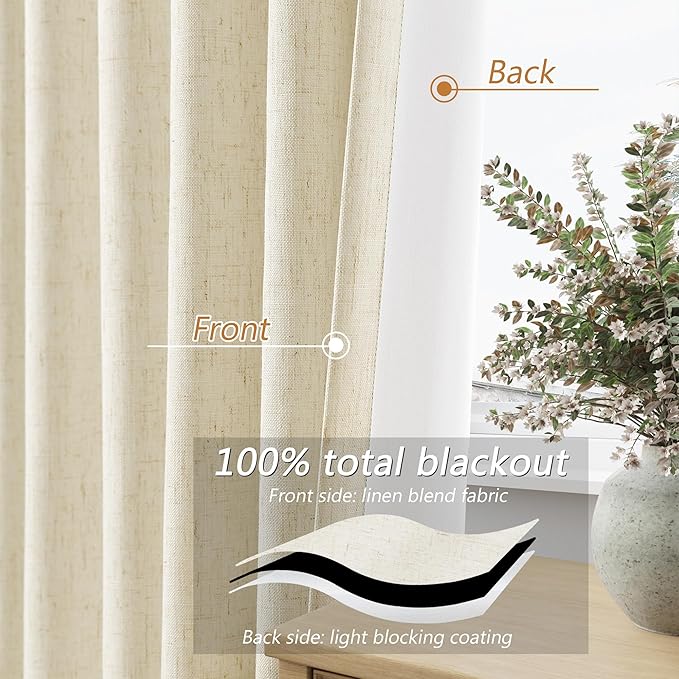 Guken Warm Beige 100% Blackout Linen Curtains 102 Inch Length 2 Panels Set for Living Room Bedroom Back Tab Thermal Insulated Black Out Drapes Room Darkening Farmhouse Style for Bedroom 52x102
